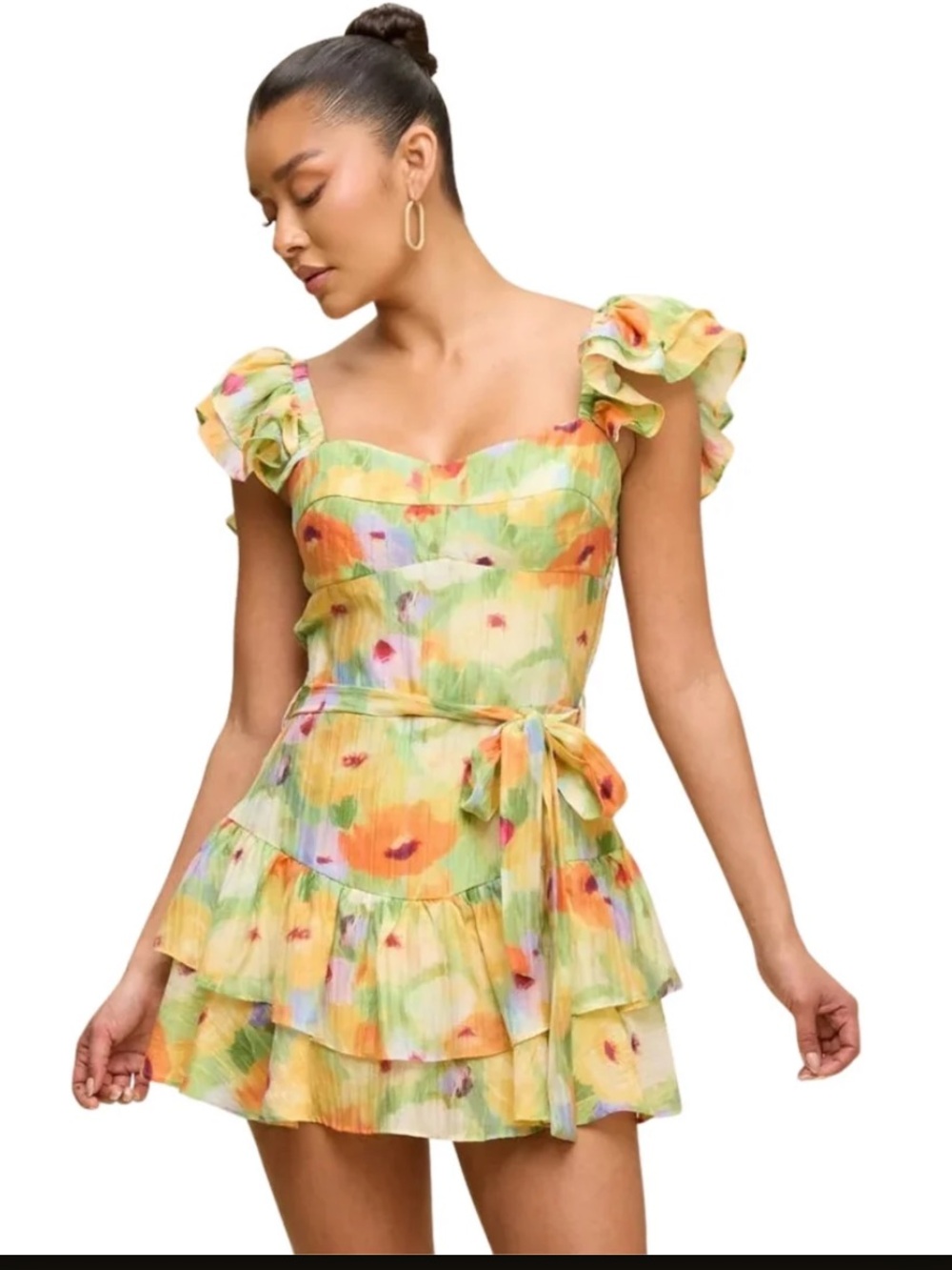 Luxxel Pastel Green Floral Ruffle Mini Dress